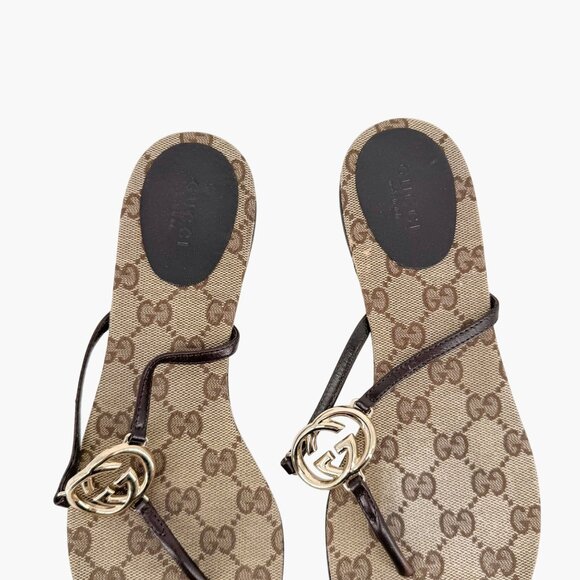 Gucci Interlocking GG Flat Thong Sandals Size 7 Brown Monogram Flip Flop Slide - Picture 4 of 12